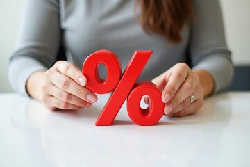 A woman holding a red zero percentage icon on a white desk, symbolizing low interest rates or discounts in a close-up shot.