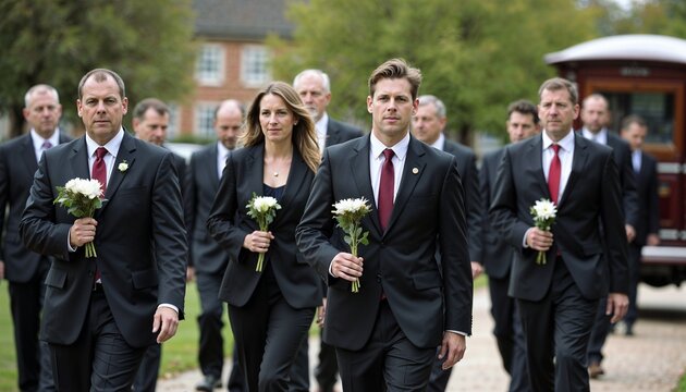 Formal funeral procession with attendees in suits holding white flowers