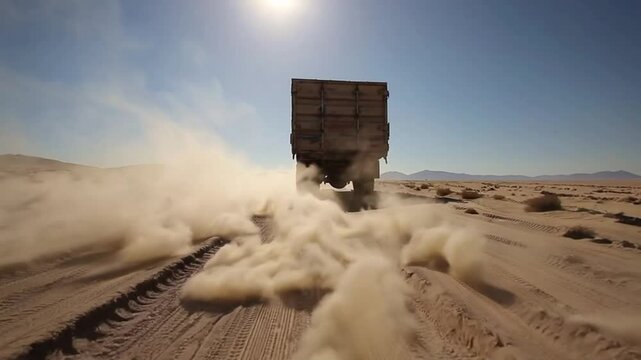 cinematic shot of an old cargo truck driving on a dusty desert road