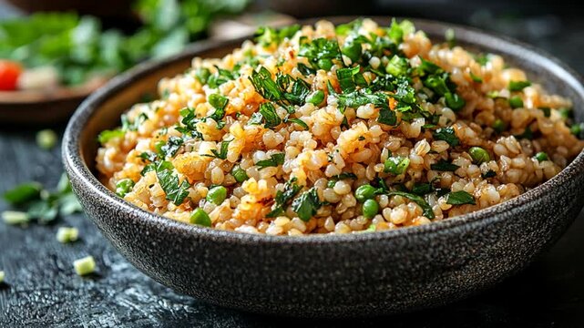 Bowl of seasoned bulgur with herbs and peas. Close-up view.  Possible food photography use