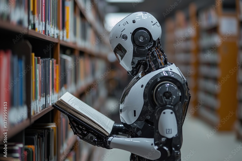 Poster an advanced ai robot is immersed in reading a book, surrounded by countless shelves filled with vari