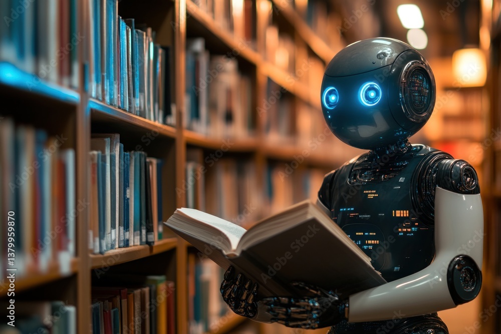 Poster a robot explores literature by reading a book while surrounded by shelves full of diverse texts in a