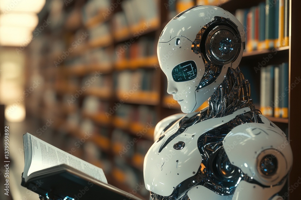 Poster an ai robot is engrossed in reading a book while surrounded by shelves filled with books in a tranqu