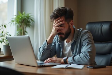 Man sitting at desk, visibly upset while reviewing his low online credit score on laptop.