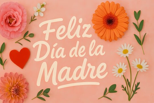 Feliz Dia de la Madre Con Flores Variadas Sobre Fondo Rosa