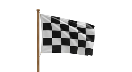 A black and white checkered racing flag flies on a wooden flagpole isolated against a transparent background. 
