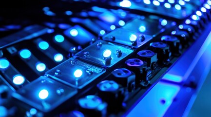 Rows of advanced computer technology glimmer under blue lights in a modern data center designed for optimal performance and efficiency