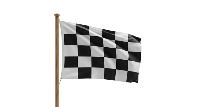 A black and white checkered racing flag flies on a wooden flagpole isolated against a transparent background. 