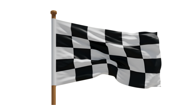A black and white checkered racing flag flies on a wooden flagpole isolated against a transparent background. 