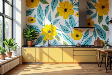 A bright kitchen interior with a floral wallpaper and vibrant cabinets. The room has plenty of natural light, and decorated with plants and decorations.
