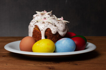 Easter eggs and cake on white ceramic plate