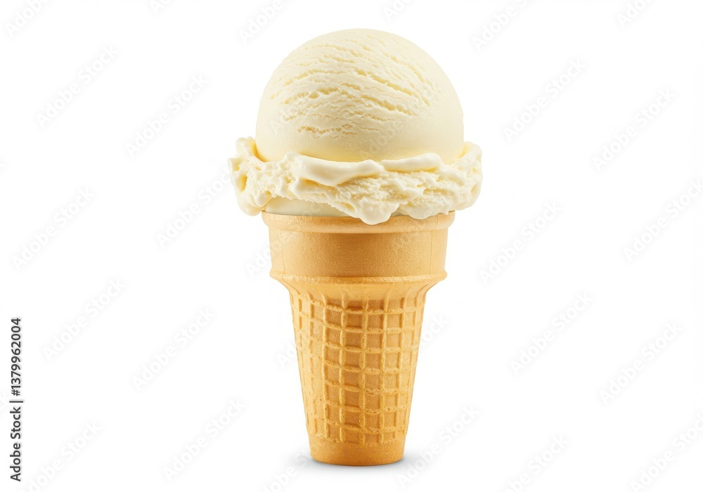 Poster a vanilla ice cream scoop on a cone isolated against a plain white studio background image view