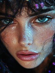 Captivating close-up of a woman's face adorned with glitter highlighting her features and glamour
