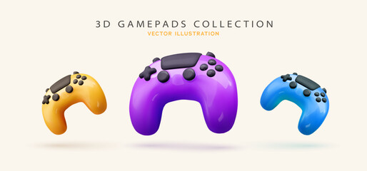  3d glossy game controllers collection in yellow, purple, and blue colors. Gamepad, joystick isolated set. Gaming technology, sports branding, digital entertainment concept. Vector illustration. © Oleg