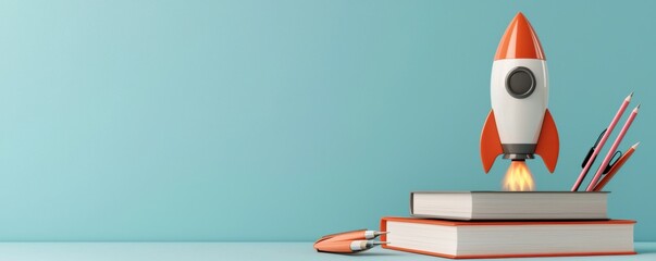 A colorful rocket launching from a stack of books, symbolizing creativity, education, and the pursuit of knowledge against a light blue background.