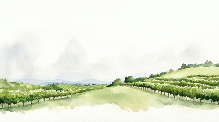 Vibrant landscape painting featuring green vineyards with watercolor pigments.