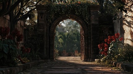 Fototapeta premium An ornate stone archway opens into a lush verdant garden