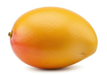 A single ripe mango fruit with yellow and red skin isolated on a white background in studio light