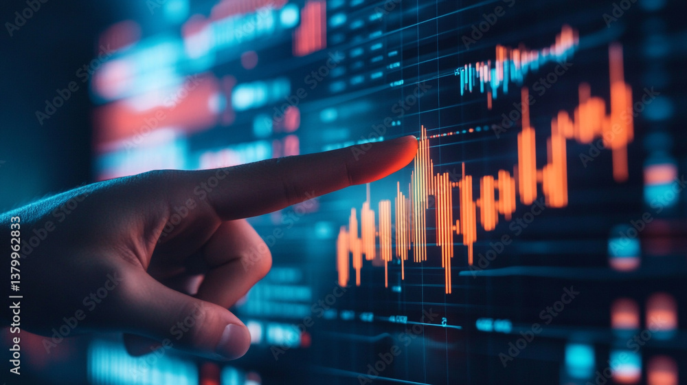 Aufkleber a hand pointing at a screen displaying financial charts and stock market data analysis in orange and
