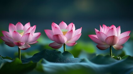 Fototapeta premium Trio of pink lotus blossoms with green seed pods, atop large green leaves