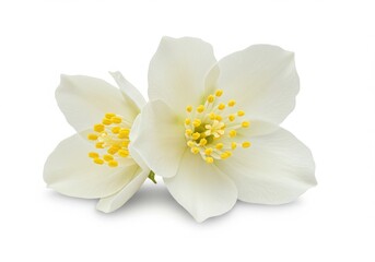Obraz premium Two jasmine flowers with white petals and yellow centers on a white background in soft lighting