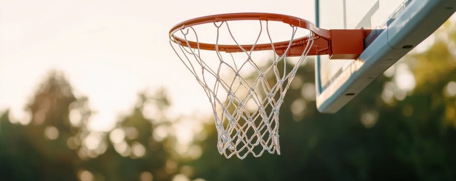 A close-up view of a basketball hoop against a blurred outdoor background, highlighting the net and rim, capturing a moment of sports activity.