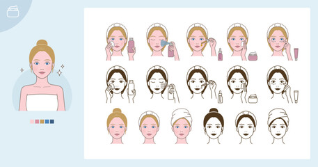 Cosmetic skin care routine_applying toner, lotion, cream, mist, oil_Westerner woman(girl)