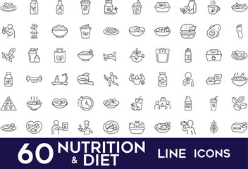 60 Collection of Modern Editable Thin Line Style Icons Set Of Nutrition And Diet Concept Of Healthy Food Related Items Like Protein, Vitamins, Diet And More Usage For Pictograms And Infographics