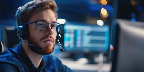 A man wearing a headset and glasses is sitting in front of a computer monitor. He is focused on his work and he is in a serious mood