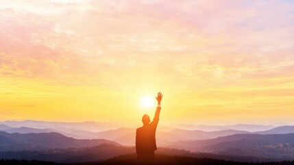 silhouette of a businessperson raising their hand toward a glowing sunrise symbolizing ambition and trust framed within a sleek poster background offering plenty of room for marketing text