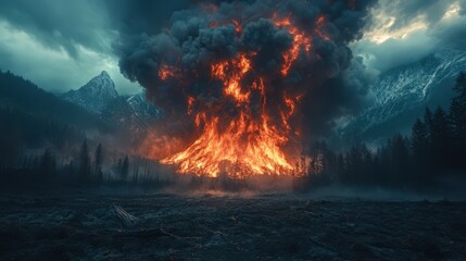 Fototapeta premium Fiery Forest Inferno Dramatic Wildfire Engulfs Mountain Landscape
