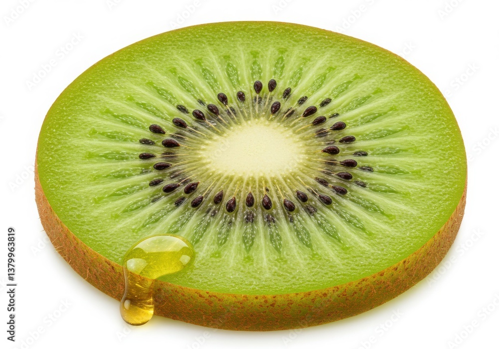 Poster close up of a kiwi slice with a drop of juice isolated on a white background in a studio shot