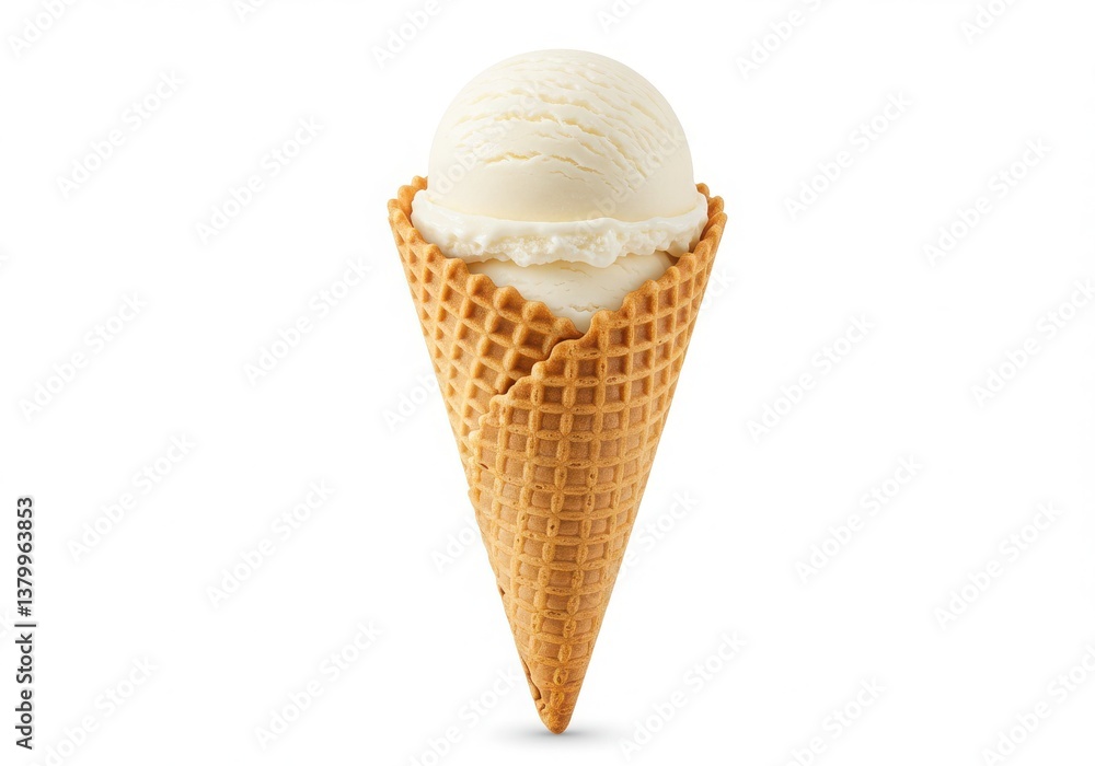 Poster A vanilla ice cream cone with two scoops on a white background in a studio setting with soft lighting