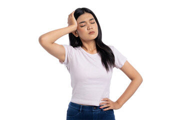 Young Asian woman holding her head with a headache, feeling stressed, isolated on transparent background