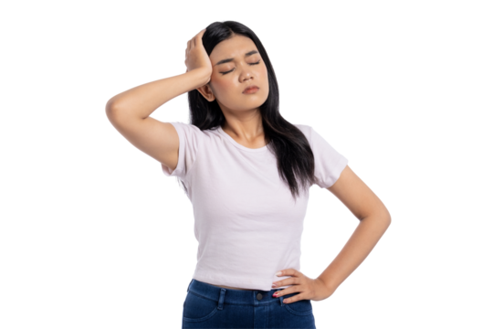 Young Asian woman holding her head with a headache, feeling stressed, isolated on transparent background