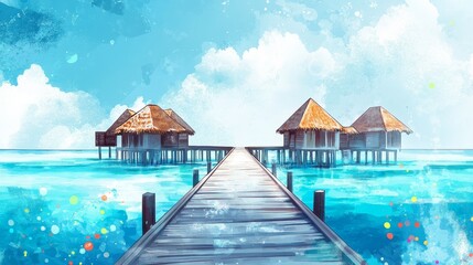 Digital Illustration of an Overwater Bridge to Thatched-Roof Huts in the Maldives