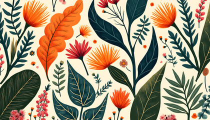  Flora and Fauna: Elements of nature, such as leaves and flowers, in an abstract style, using bright colors and unusual shapes.