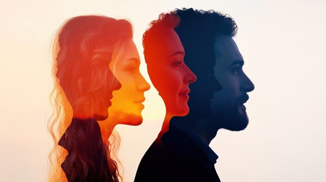 closeup shot of overlapping silhouettes of businesspeople exchanging ideas under the warm tones of sunrise showcasing trust and innovation styled for a commercial poster with clear focus and