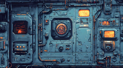 Fototapeta premium Close Up of Futuristic Metallic Wall with Detailed Panels in Industrial Gray Tones and Orange Accents Featuring Sci-Fi Architecture