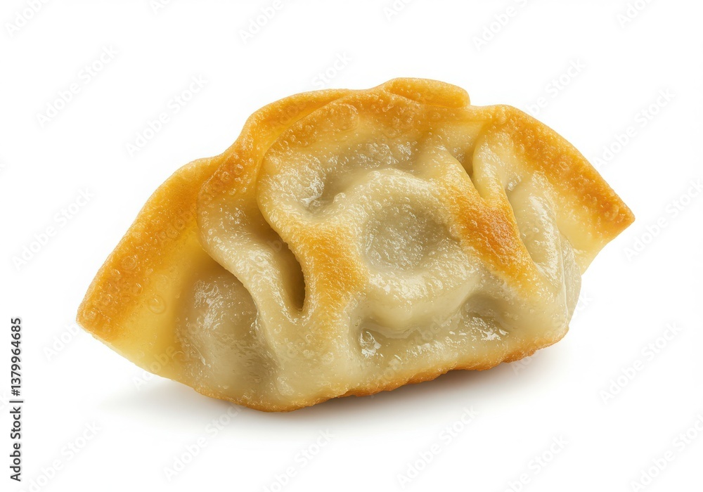 Poster a single fried dumpling with a golden brown crust isolated on a plain white surface in a close up vi