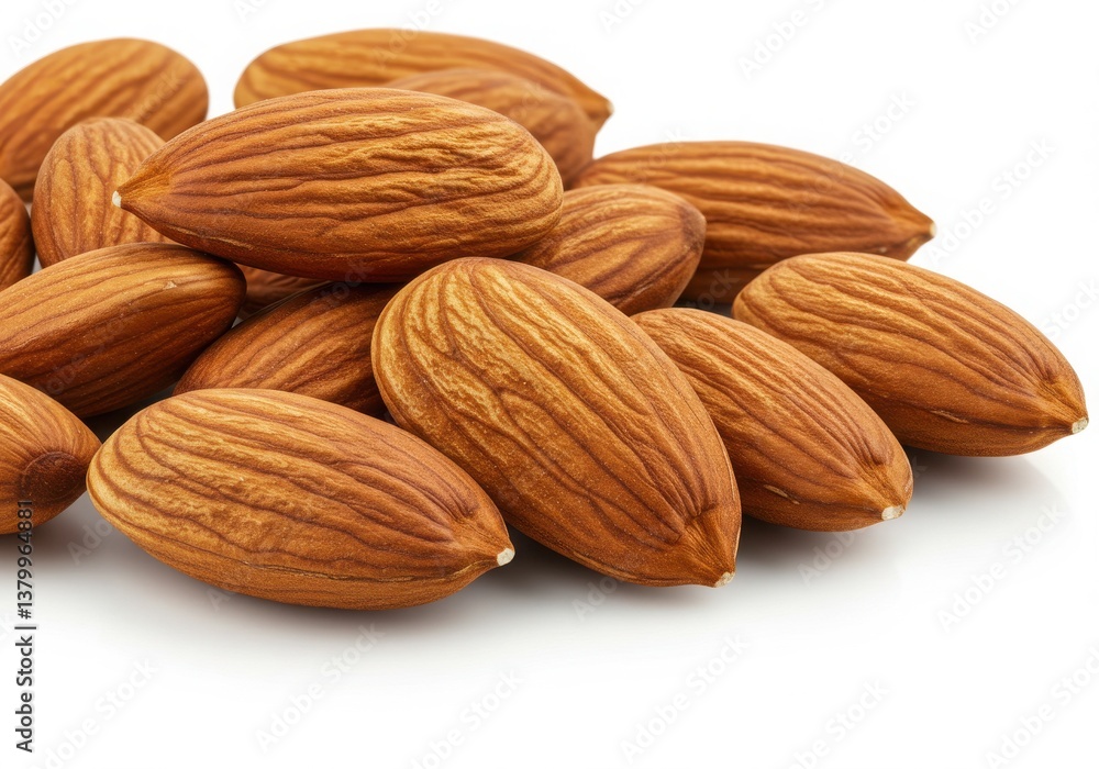 Poster a close up view showing a pile of almonds with their brown shells on a plain white background surfac