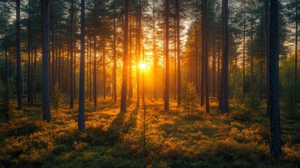 Obraz premium Forest glows, sunbeam filters through tall trees. Earthy hues warm scene