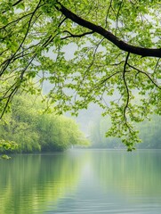 Fototapeta premium Idyllic Spring Scenery: Green Mountains, Clear Waters, and Blooming Flowers