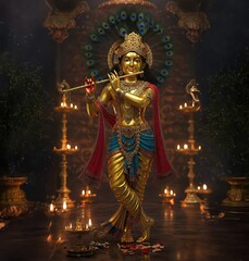 Fototapeta premium Sacred Lord Krishna’s Golden Form Blessing Devotees on Janmashtami