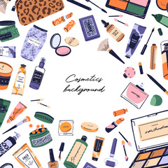 Design of card with lettering in round border from beauty products. Template with circle frame from decorative and skin care cosmetics. Layout with makeup, visage accessories. Flat vector illustration