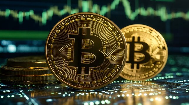 Bitcoin cryptocurrency coins laying on circuit board showing stock market data