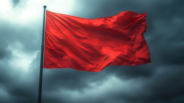Red flag waving in the wind under a stormy sky