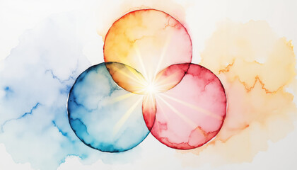 Three overlapping watercolor circles radiating divine light, symbolizing the Holy Trinity&mdash;Father, Son, and Holy Spirit united in light.