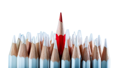 one red pencil standing taller among all smaller white pencils, concept of standing out from the crowd PNG