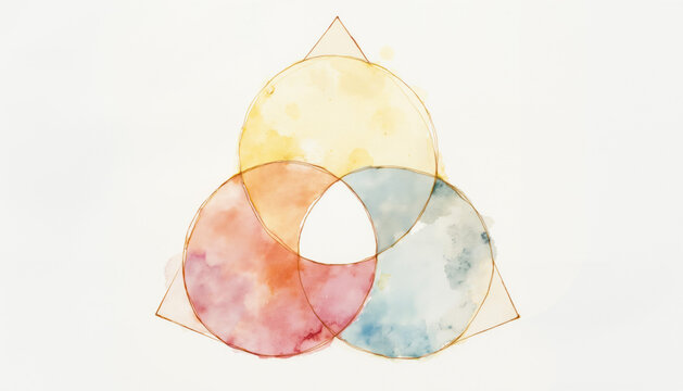 Three overlapping watercolor circles radiating divine light, symbolizing the Holy Trinity&mdash;Father, Son, and Holy Spirit united in light.